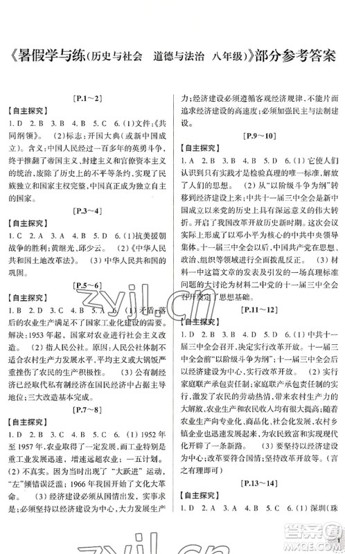 浙江少年儿童出版社2022暑假学与练八年级历史与社会道德与法治R人教版答案