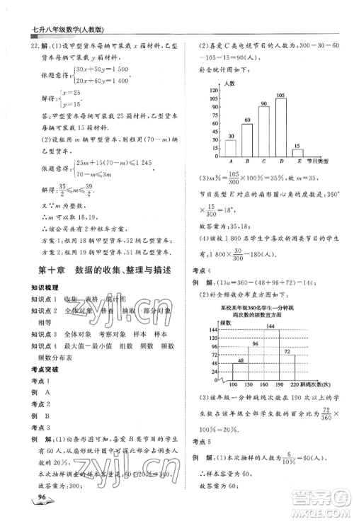 天津科学技术出版社2022暑假衔接超车道七升八数学人教版参考答案