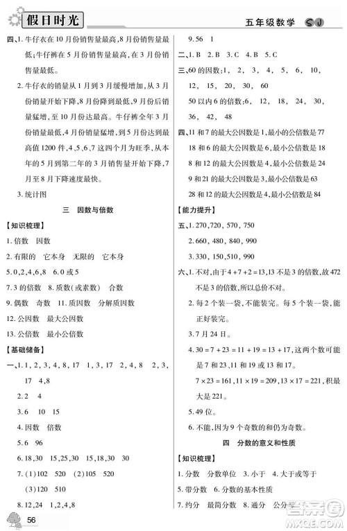 阳光出版社2022小学生快乐暑假假日时光数学五升六苏教版答案