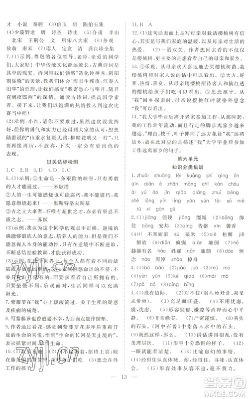 希望出版社2022暑假训练营学年总复习七年级语文RJ人教版答案
