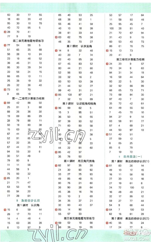 江西教育出版社2022阳光同学计算小达人二年级数学上册RJ人教版答案