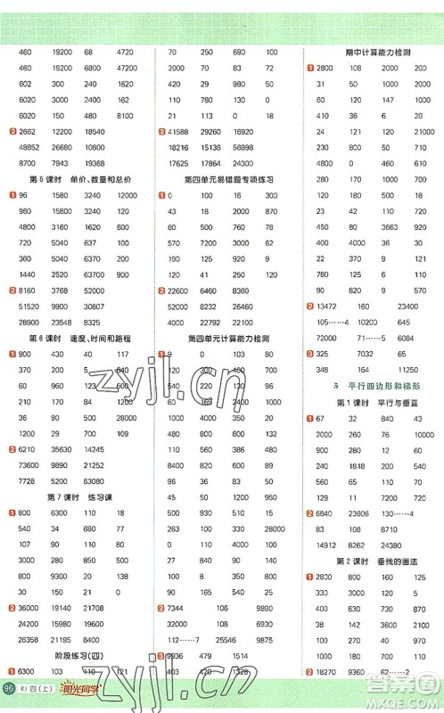 江西教育出版社2022阳光同学计算小达人四年级数学上册RJ人教版答案 江西教育出版社2022阳光同学计算小达人四年级数学上册RJ人教版答案