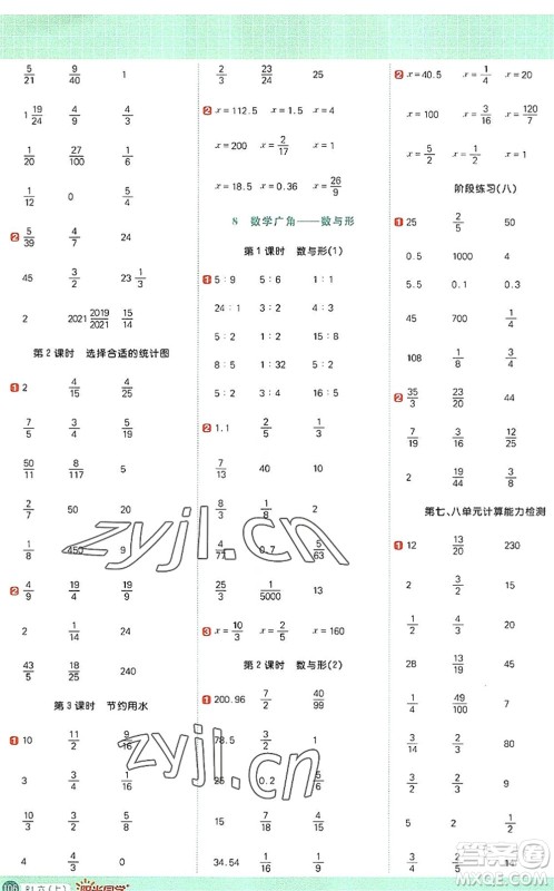 江西教育出版社2022阳光同学计算小达人六年级数学上册RJ人教版答案