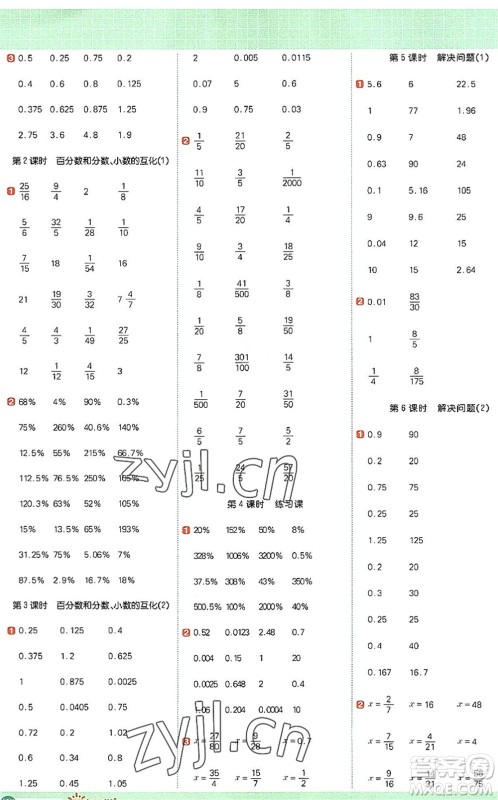 江西教育出版社2022阳光同学计算小达人六年级数学上册RJ人教版答案 江西教育出版社2022阳光同学计算小达人六年级数学上册RJ人教版答案