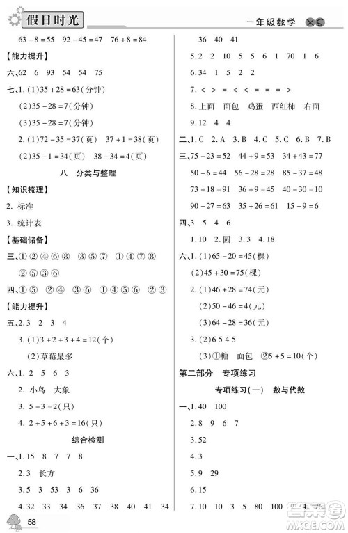 阳光出版社2022小学生快乐暑假假日时光数学一升二西师版答案
