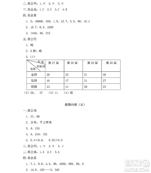 黑龙江少年儿童出版社2022阳光假日暑假三年级数学人教版答案