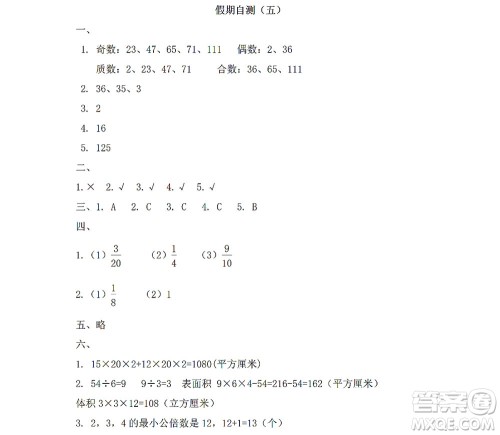 黑龙江少年儿童出版社2022阳光假日暑假五年级数学人教版答案