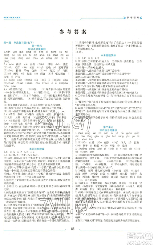 南方出版社2022假期面对面学年度系统总复习暑假七年级语文人教版参考答案