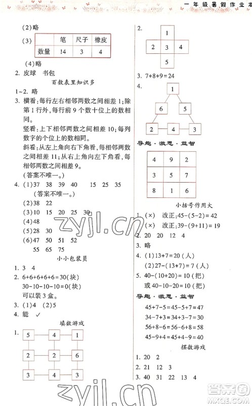 希望出版社2022暑假作业本天天练小学一年级数学人教版答案