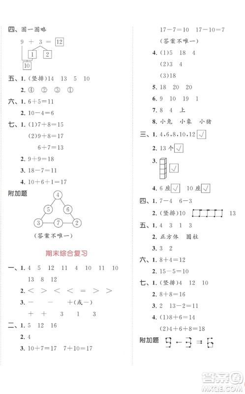 教育科学出版社2022秋季53天天练一年级数学上册SJ苏教版答案