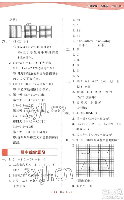 教育科学出版社2022秋季53天天练五年级数学上册SJ苏教版答案