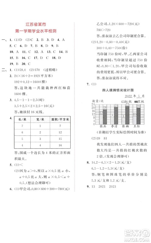 教育科学出版社2022秋季53天天练五年级数学上册SJ苏教版答案