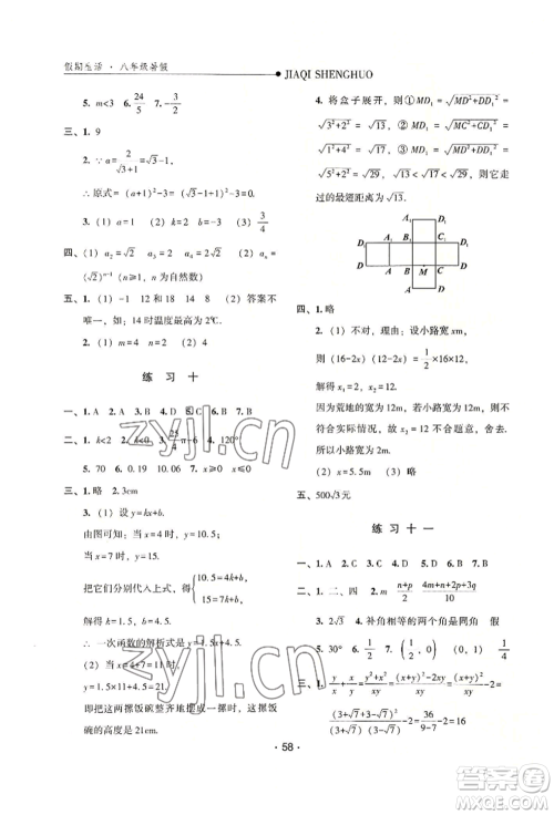 河北人民出版社2022假期生活八年级暑假数学通用版参考答案