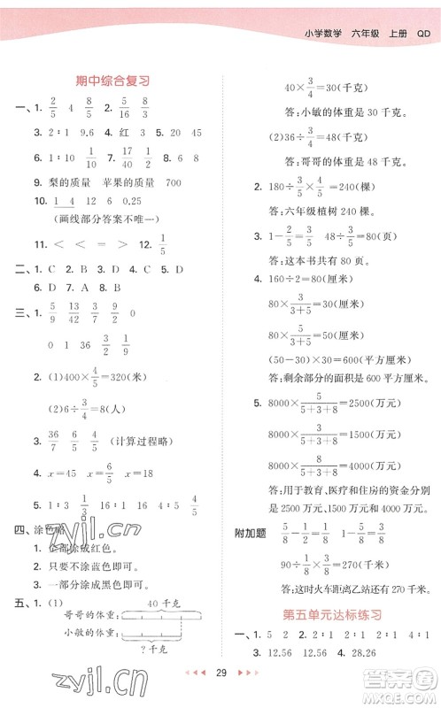 教育科学出版社2022秋季53天天练六年级数学上册QD青岛版答案