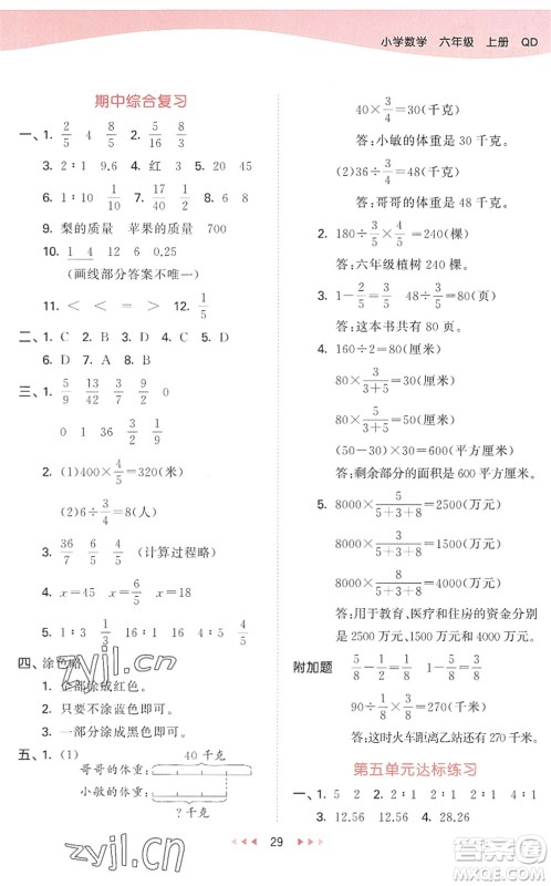教育科学出版社2022秋季53天天练六年级数学上册QD青岛版答案