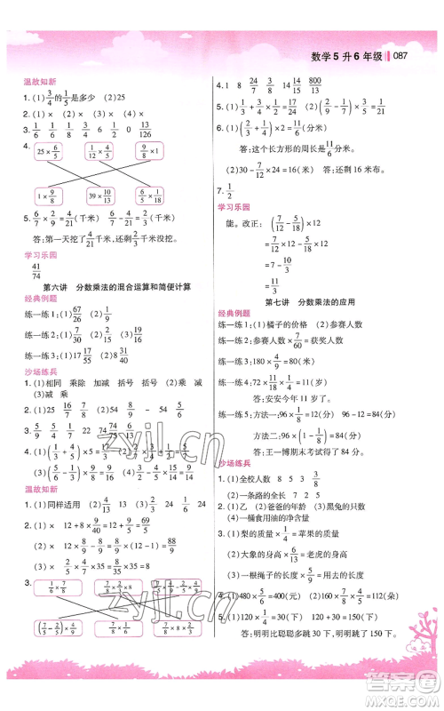 江苏凤凰美术出版社2022新概念小学年级暑假衔接教材五升六数学人教版参考答案
