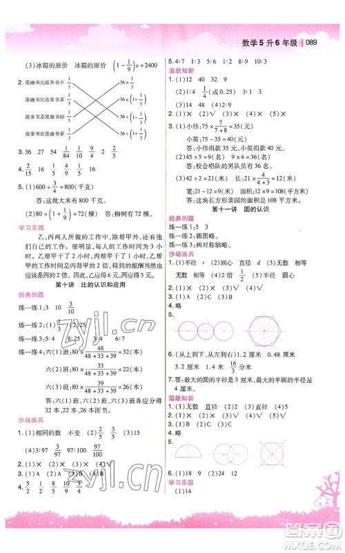 江苏凤凰美术出版社2022新概念小学年级暑假衔接教材五升六数学人教版参考答案