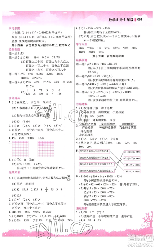 江苏凤凰美术出版社2022新概念小学年级暑假衔接教材五升六数学人教版参考答案