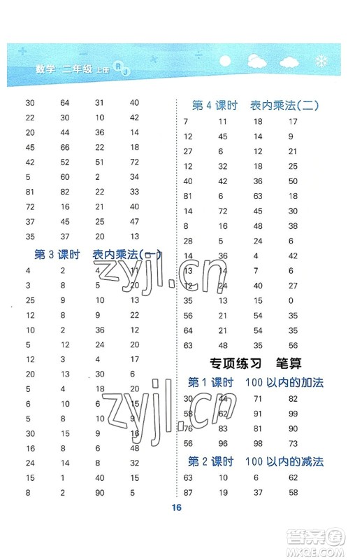 教育科学出版社2022小学口算大通关二年级数学上册RJ人教版答案