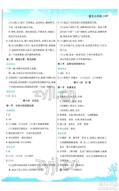 江苏凤凰美术出版社2022新概念小学年级暑假衔接教材小升初语文人教版参考答案