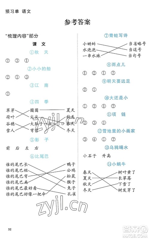 江西教育出版社2022阳光同学课时优化作业一年级语文上册RJ人教版答案