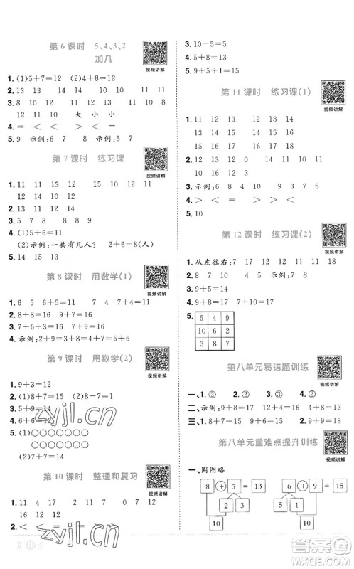 江西教育出版社2022阳光同学课时优化作业一年级数学上册RJ人教版答案