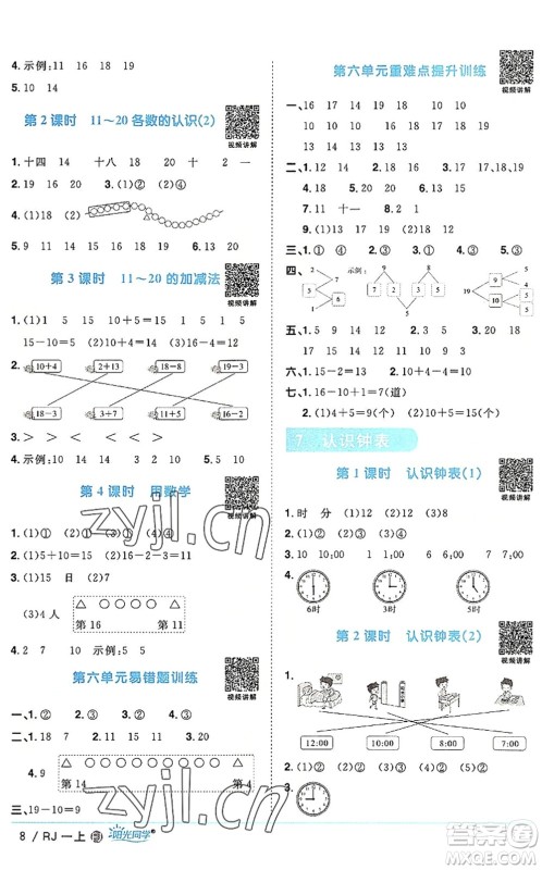 福建少年儿童出版社2022阳光同学课时优化作业一年级数学上册RJ人教版福建专版答案