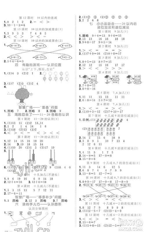 江西教育出版社2022阳光同学课时优化作业一年级数学上册QD青岛版五四专用答案