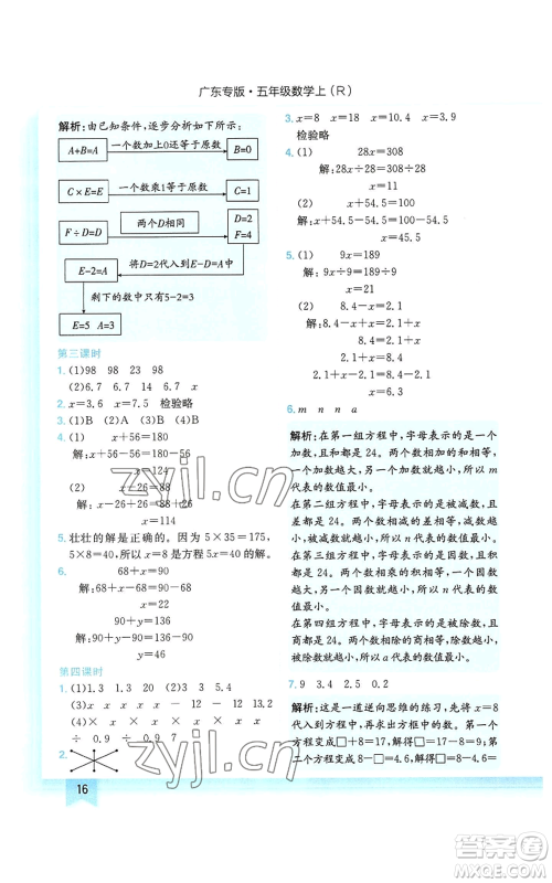 龙门书局2022黄冈小状元作业本五年级上册数学人教版广东专版参考答案