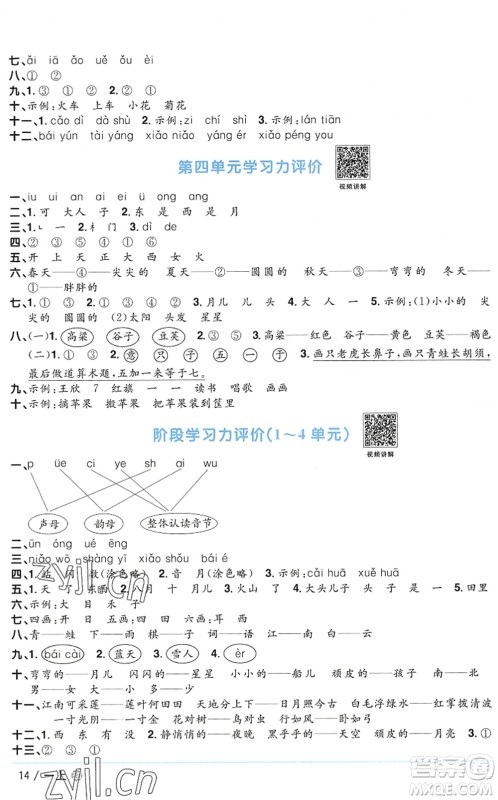江西教育出版社2022阳光同学课时优化作业一年级语文上册五四专用答案