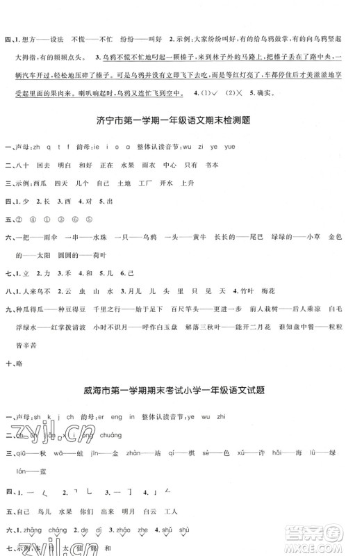 江西教育出版社2022阳光同学课时优化作业一年级语文上册五四专用答案