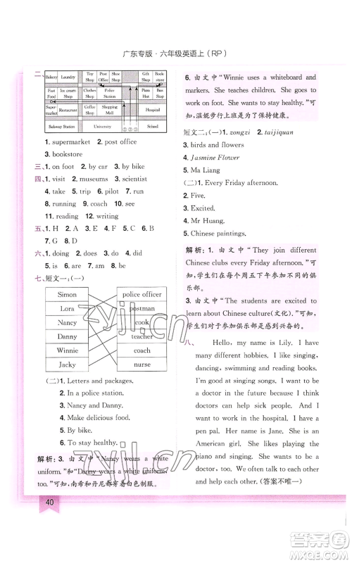 龙门书局2022黄冈小状元作业本六年级上册英语人教版广东专版参考答案