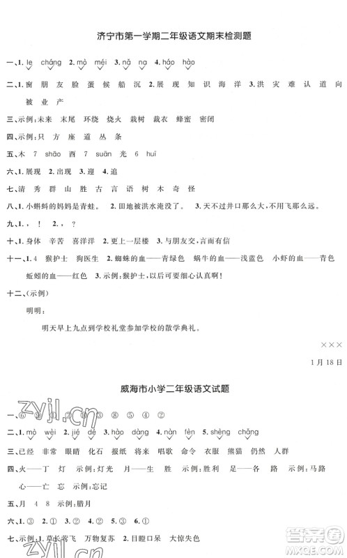 江西教育出版社2022阳光同学课时优化作业二年级语文上册五四专用答案