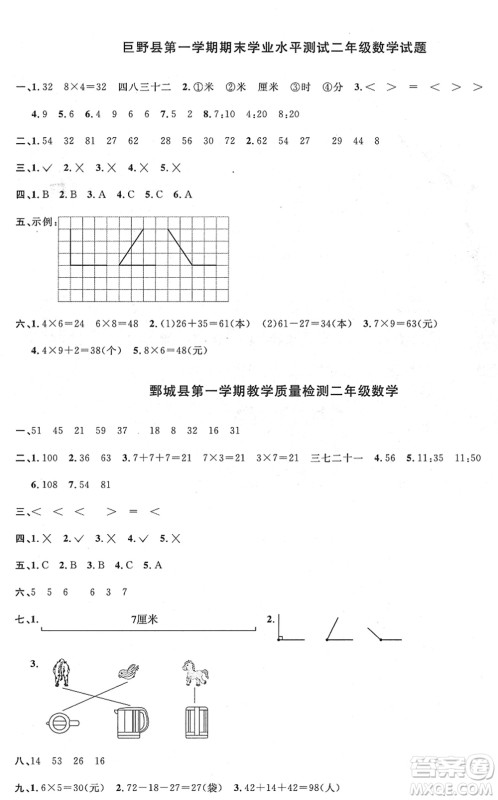 江西教育出版社2022阳光同学课时优化作业二年级数学上册RJ人教版菏泽专版答案