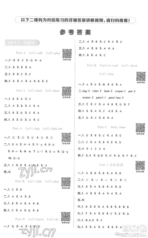 江西教育出版社2022阳光同学课时优化作业三年级英语上册PEP版答案