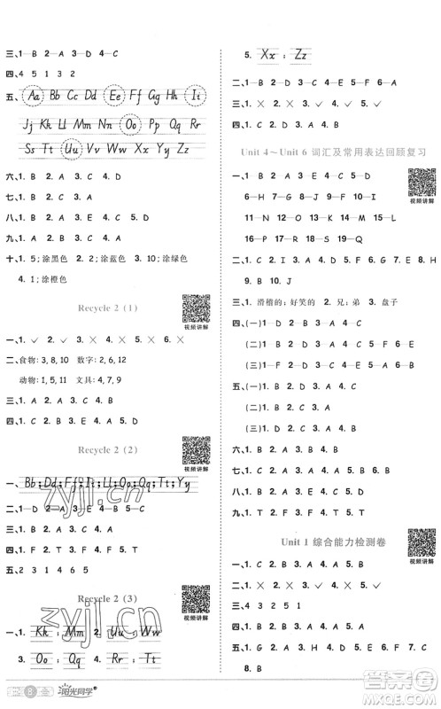 江西教育出版社2022阳光同学课时优化作业三年级英语上册PEP版答案