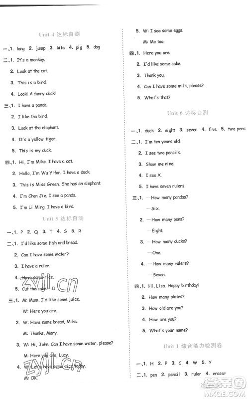 江西教育出版社2022阳光同学课时优化作业三年级英语上册PEP版答案