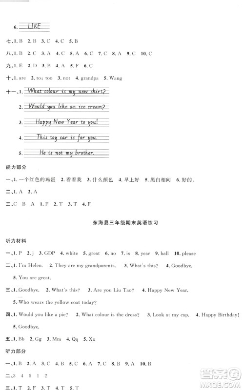 江西教育出版社2022阳光同学课时优化作业三年级英语上册YL译林版答案