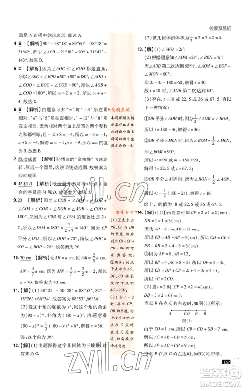 开明出版社2023初中必刷题七年级上册数学人教版参考答案