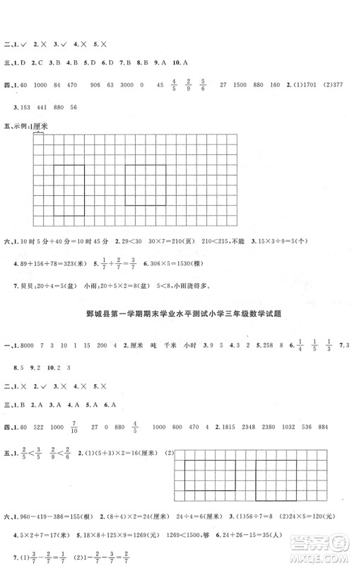 江西教育出版社2022阳光同学课时优化作业三年级数学上册RJ人教版菏泽专版答案