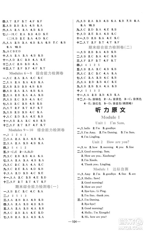 江西教育出版社2022阳光同学课时优化作业三年级英语上册外研版答案 江西教育出版社2022阳光同学课时优化作业三年级英语上册外研版答案