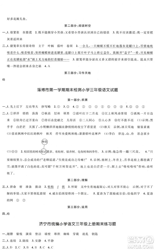 江西教育出版社2022阳光同学课时优化作业三年级语文上册五四专用答案