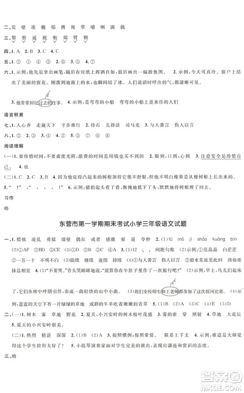 江西教育出版社2022阳光同学课时优化作业三年级语文上册五四专用答案