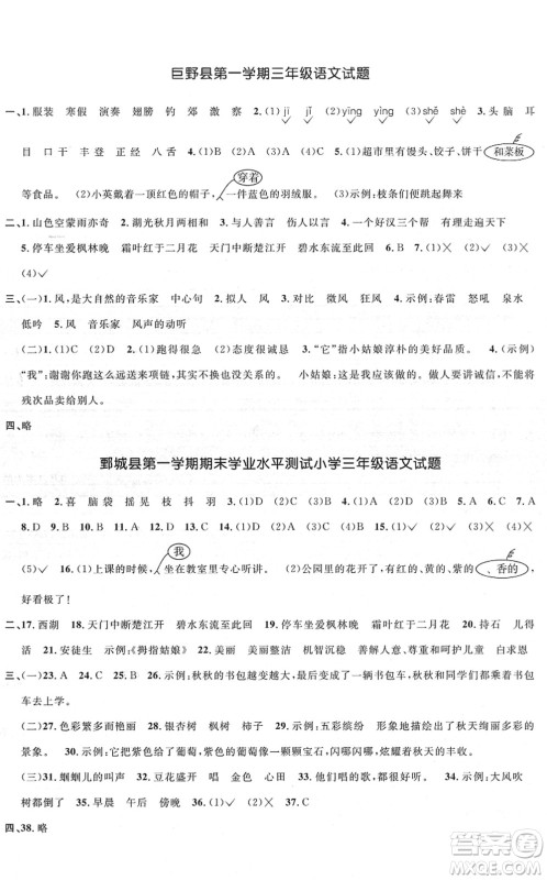 江西教育出版社2022阳光同学课时优化作业三年级语文上册RJ人教版菏泽专版答案 江西教育出版社2022阳光同学课时优化作业三年级语文上册RJ人教版菏泽专版答案