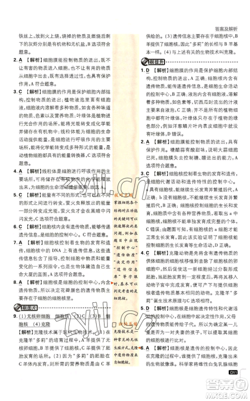 开明出版社2023初中必刷题七年级上册生物人教版参考答案 开明出版社2023初中必刷题七年级上册生物人教版参考答案