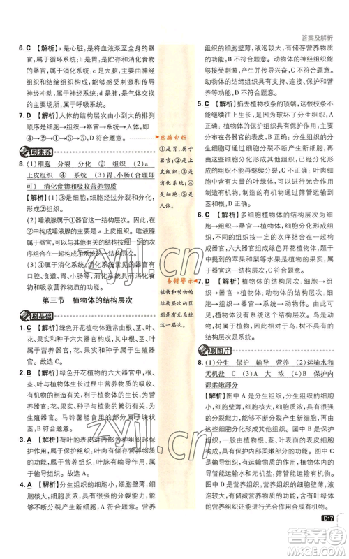 开明出版社2023初中必刷题七年级上册生物人教版参考答案 开明出版社2023初中必刷题七年级上册生物人教版参考答案