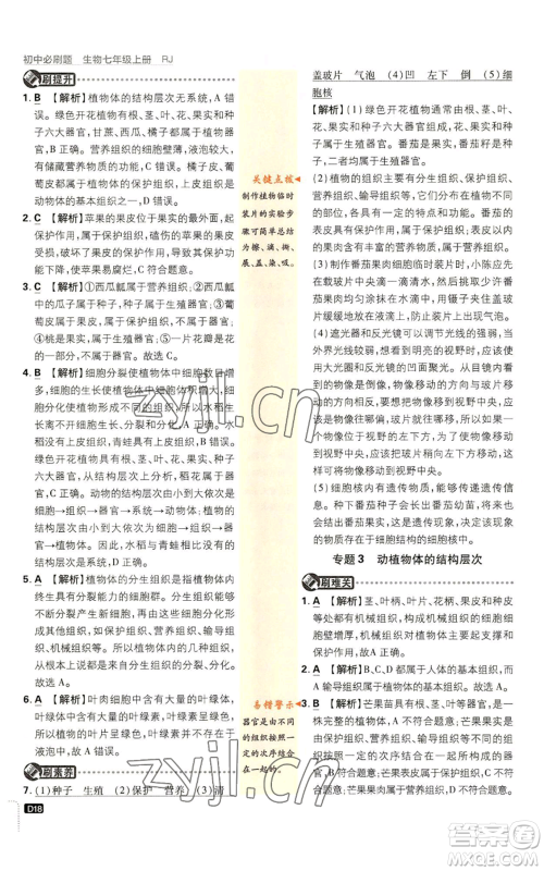 开明出版社2023初中必刷题七年级上册生物人教版参考答案 开明出版社2023初中必刷题七年级上册生物人教版参考答案