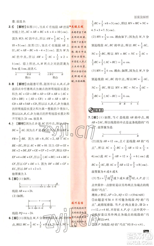 开明出版社2023初中必刷题七年级上册数学湘教版参考答案