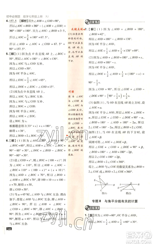 开明出版社2023初中必刷题七年级上册数学湘教版参考答案