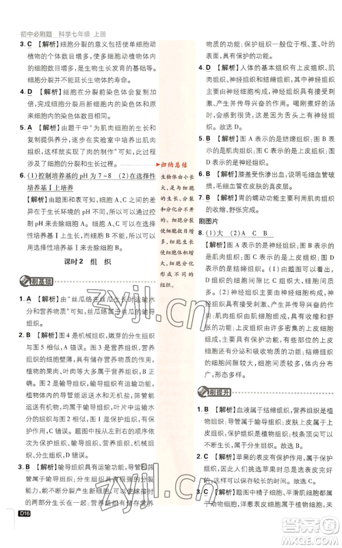 新世界出版社2023初中必刷题七年级上册科学浙教版参考答案 新世界出版社2023初中必刷题七年级上册科学浙教版参考答案